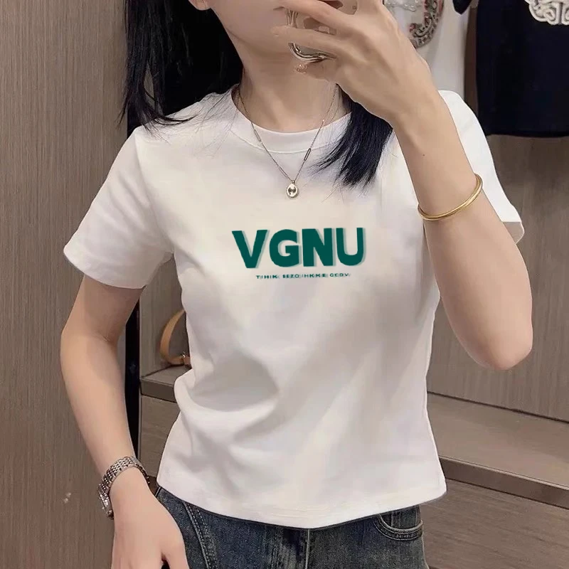 正肩白色短袖t恤女夏季修身显瘦大码体恤衫小众字母印花休闲上衣