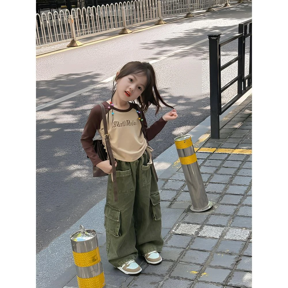 女童裤子2025春秋新款儿童洋气宽松直筒裤长裤女孩韩版牛仔工装裤