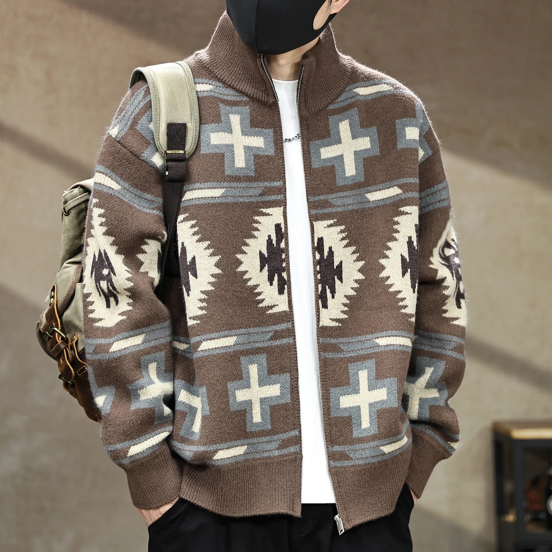 美式复古重磅860g提花高领开衫毛衣男秋冬加厚保暖休闲针织衫外套