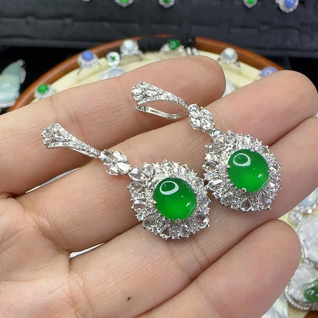 小***说翡翠18K金镶嵌耳饰天然翡翠