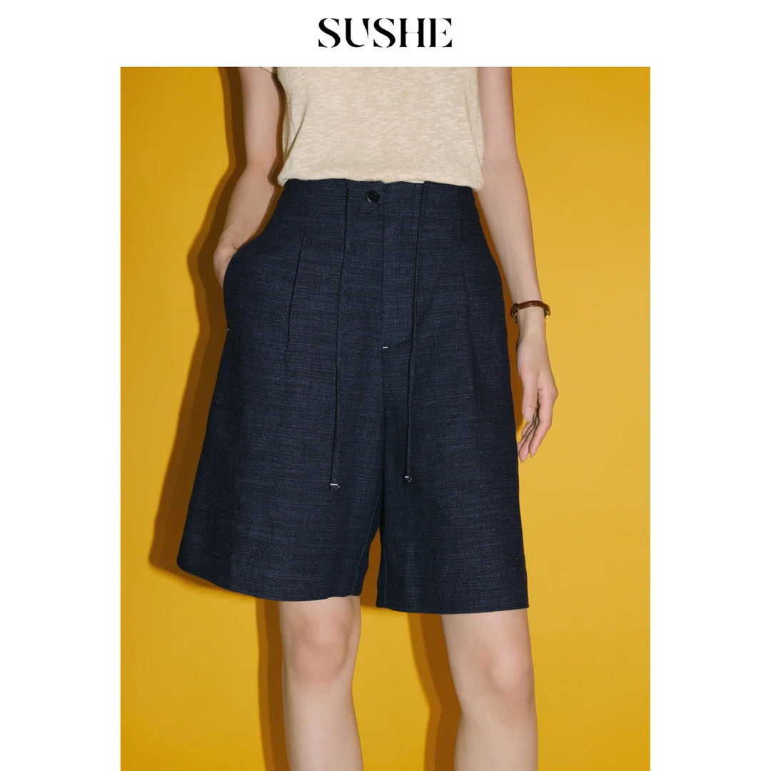 束皙SUSHE 玉华 肌理感棉麻抽绳高腰压褶通勤百慕大五分短裤女夏