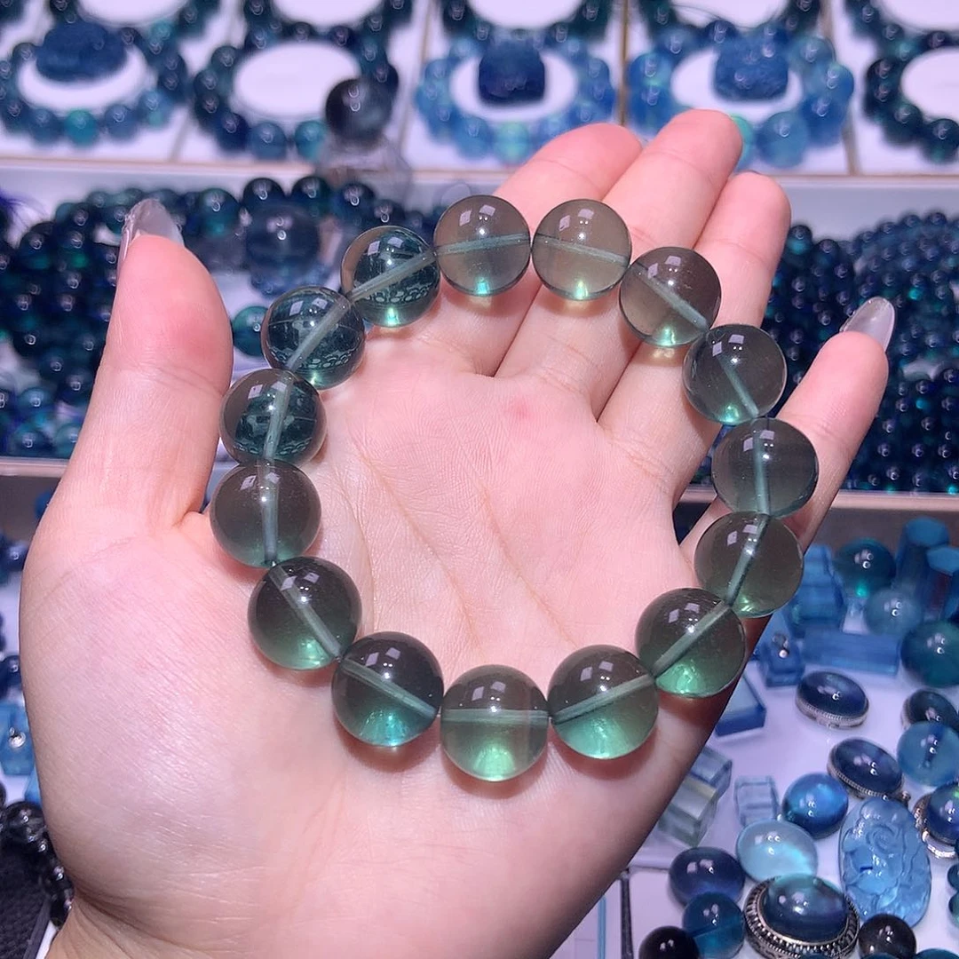天然辰砂浓郁绿萤石手串14mm