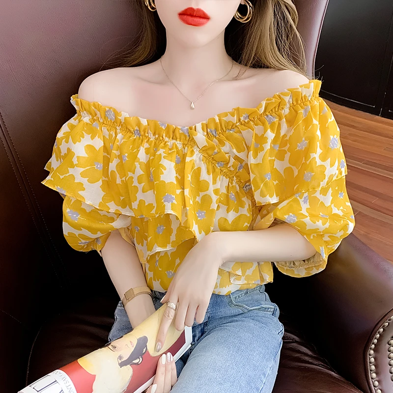 2025夏季新款法式气质荷叶边碎花女士衬衫一字肩泡泡短袖薄款上衣