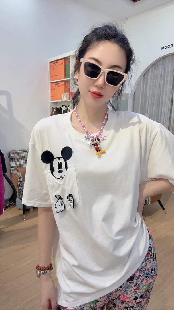 2025夏季重工卡通米奇刺绣宽松休闲百搭短袖T恤女夏季情侣上衣