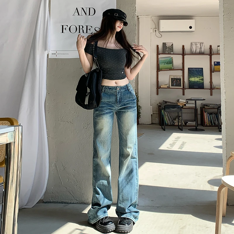 2025春夏新货复古蓝微喇牛仔裤女春装新款低腰辣妹显瘦不贴腿褶皱