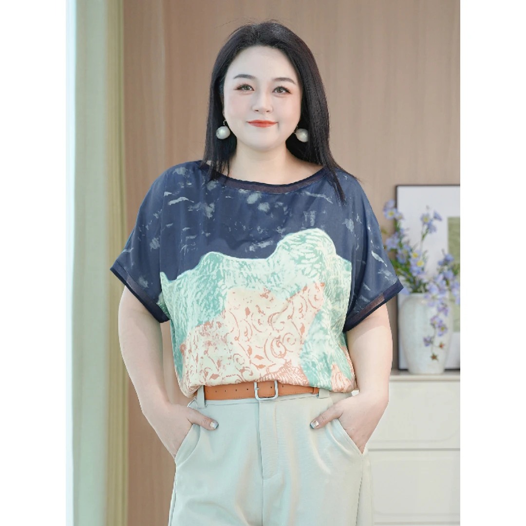 【印象花语】MsShe大码女装夏装撞色缎面印花T恤小衫J~B2504046