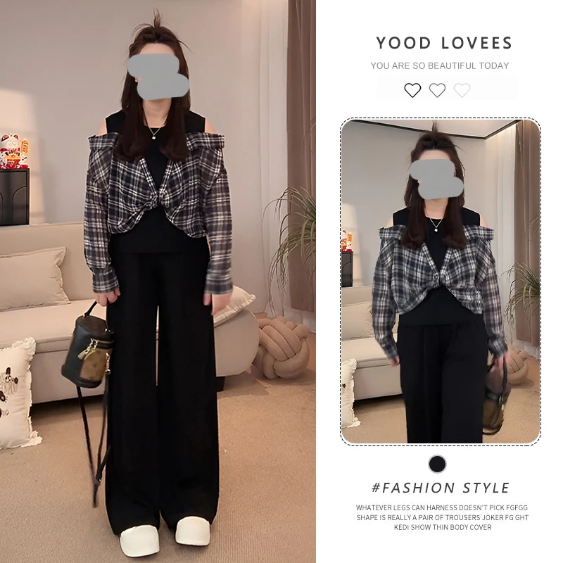 韩版套装春秋新品显瘦遮肉小众格子拼接露肩衬衫时尚休长裤两件套