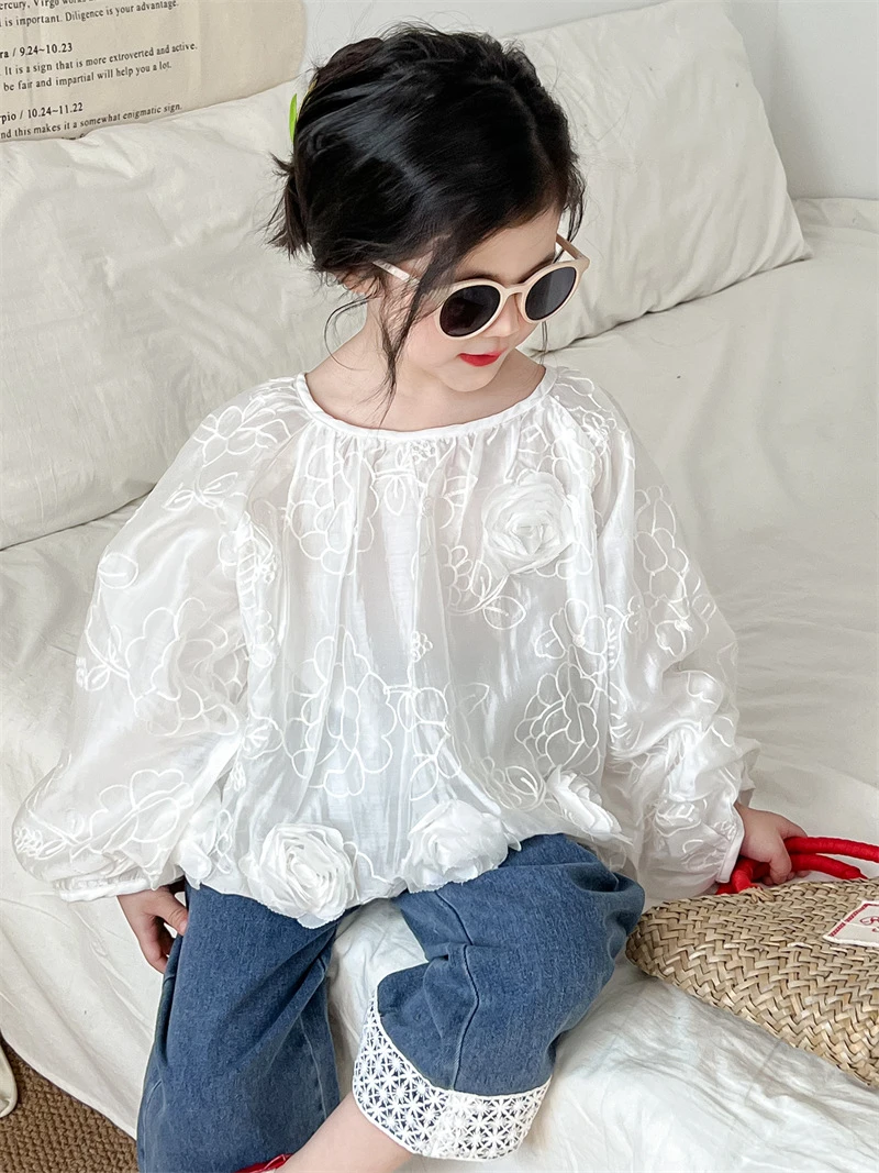 PAOFUPP童装春女童时髦重工刺绣灯笼袖立体花朵摆衬衫+花边牛仔裤