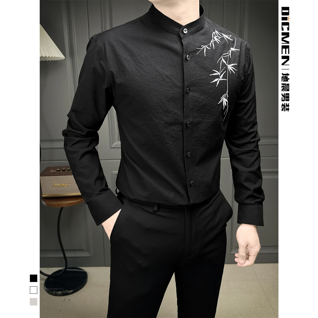 中国风刺绣立领衬衫男款长袖新中式绣花高级外穿上衣男士衬衣商务