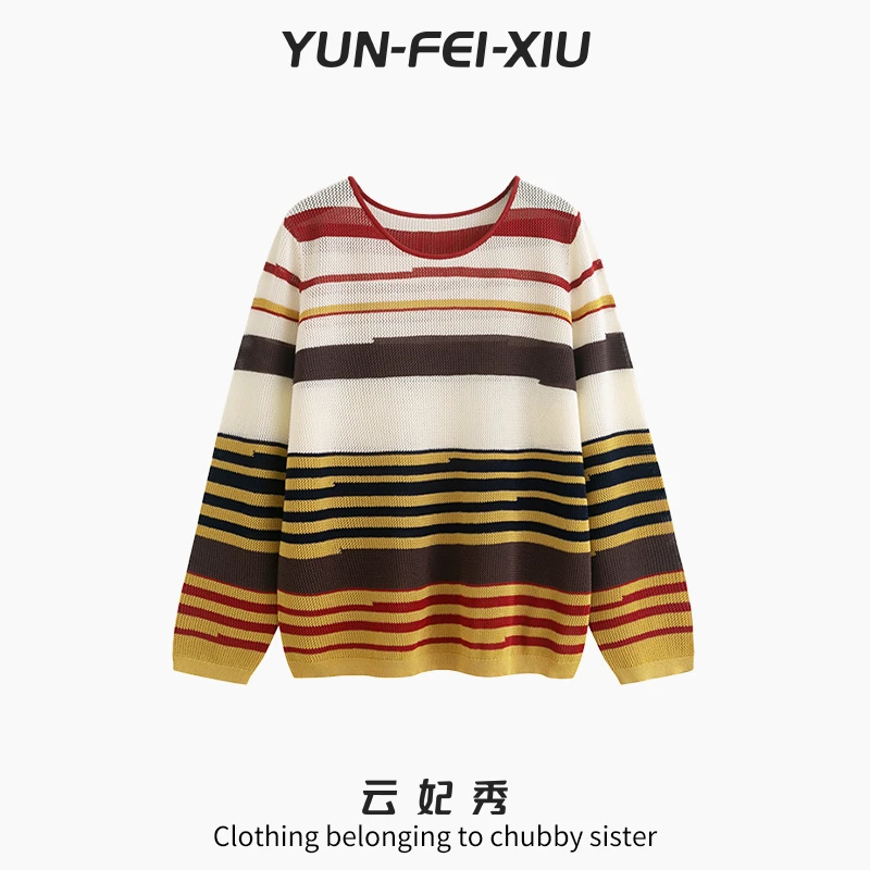 云妃秀大码女装针织衫圆领镂空条纹宽松显瘦遮肉胖妹妹秋季23125