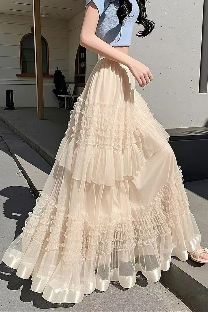 451—500蛋糕裙钩花半身裙百褶裙子拼接夏天夏季蕾丝白色仙女裙