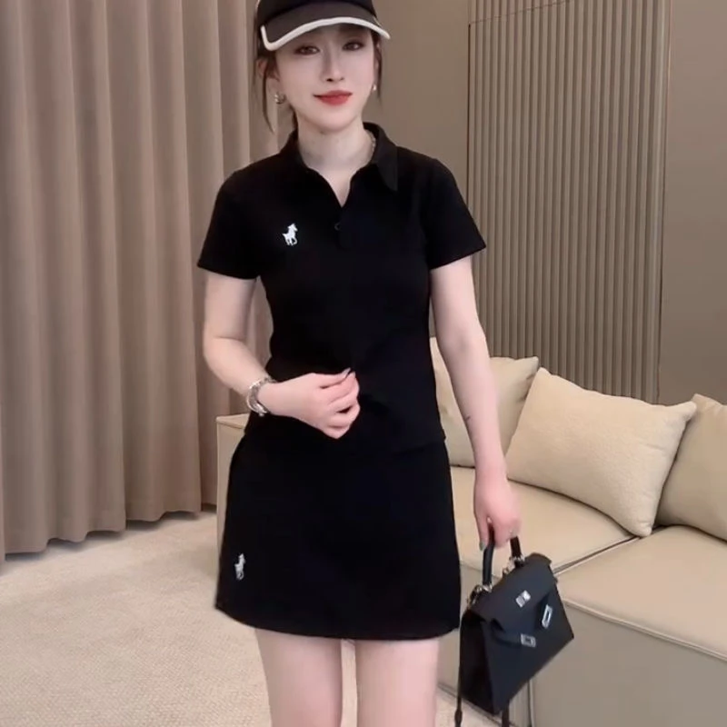 甜妹休闲polo运动风套装高腰刺绣夏季短袖小马显瘦时尚网红两件套