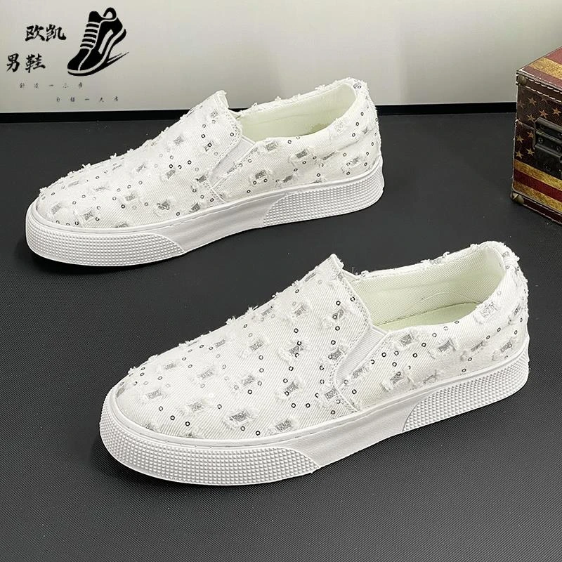 潮牌男鞋一脚蹬帆布2025夏季百搭新款破洞透气休闲鞋时尚牛仔布鞋