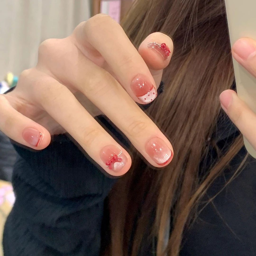 【莓果酱】秋冬新款穿戴甲短款百搭法式蝴蝶结显白猫眼美甲穿戴甲片