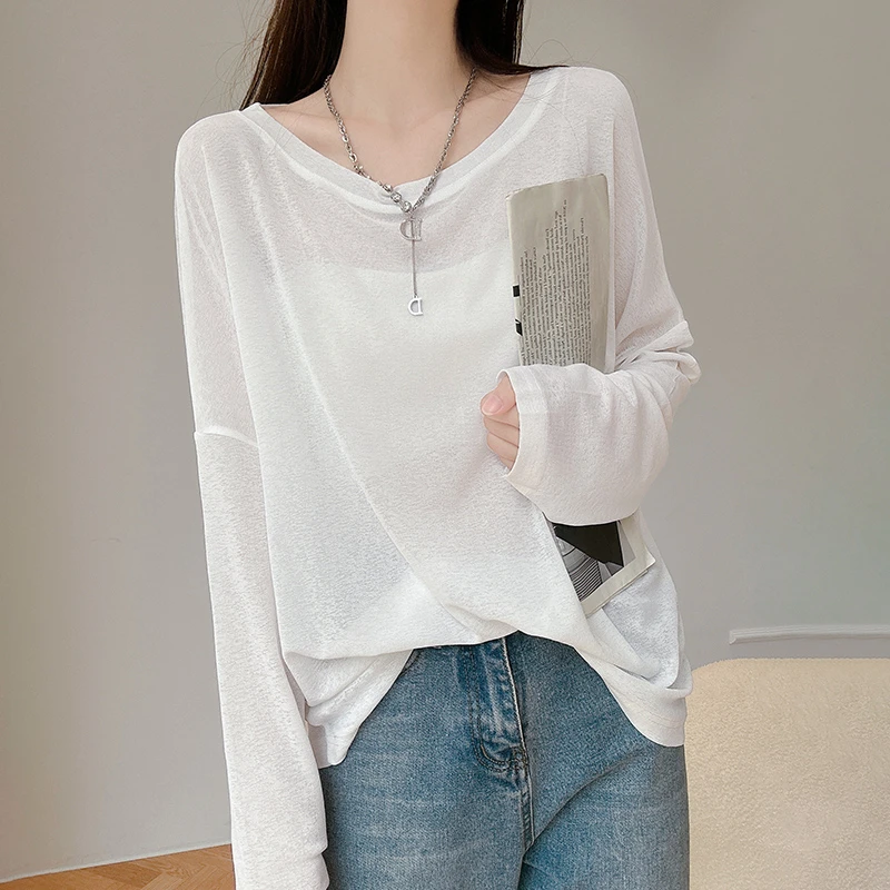 松弛感一字肩长袖t恤女款2025新款爆款薄透冰丝防晒罩衫宽松上衣