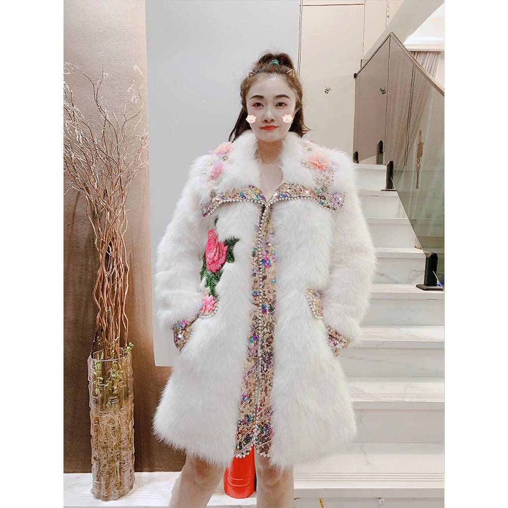 重工立体装饰粗花呢花边中长款小草外套冬季保暖大衣