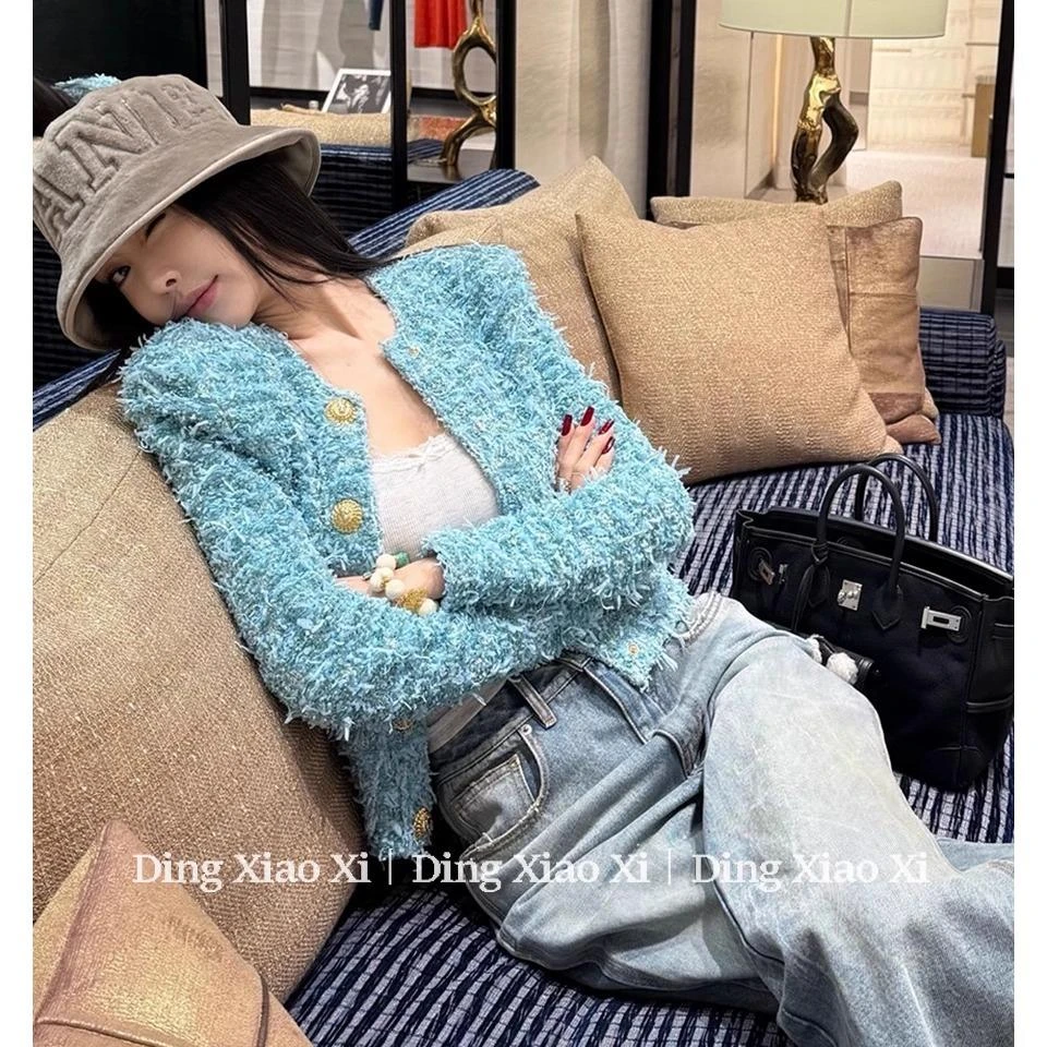 法式小香风蓝色开衫外套女秋冬季名媛气质高级感修身显瘦短款上衣