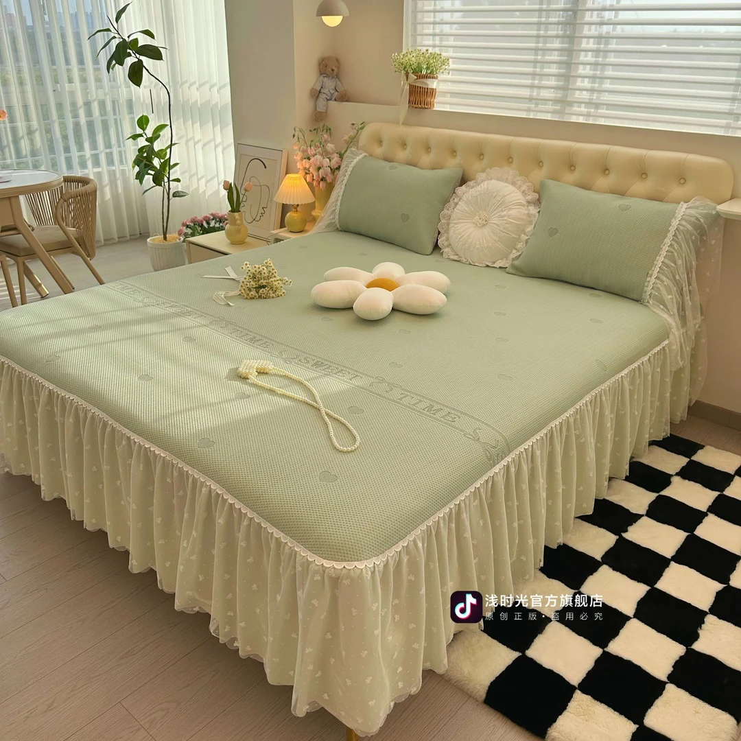 浅时光【A类母婴】韩式PE冰岛软凉席三件套可机洗床裙款凉席四件套