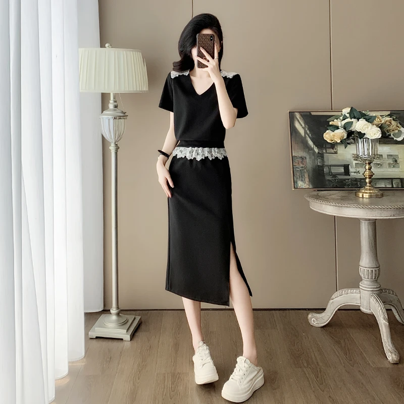 黑色休闲运动套装裙女夏季2025新款时尚蕾丝拼接卫衣半身裙两件套