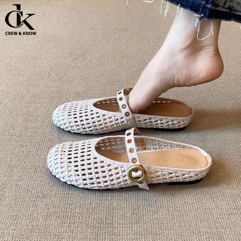 【官方正品】nnmiss/3.5cm百搭圆头编织镂空浅口一字带法式外穿