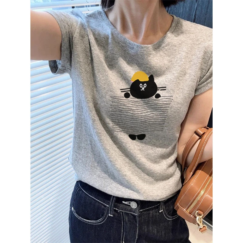 小众修身正肩拉领短袖t恤女装2025夏季新款时尚百搭灰色气质上衣