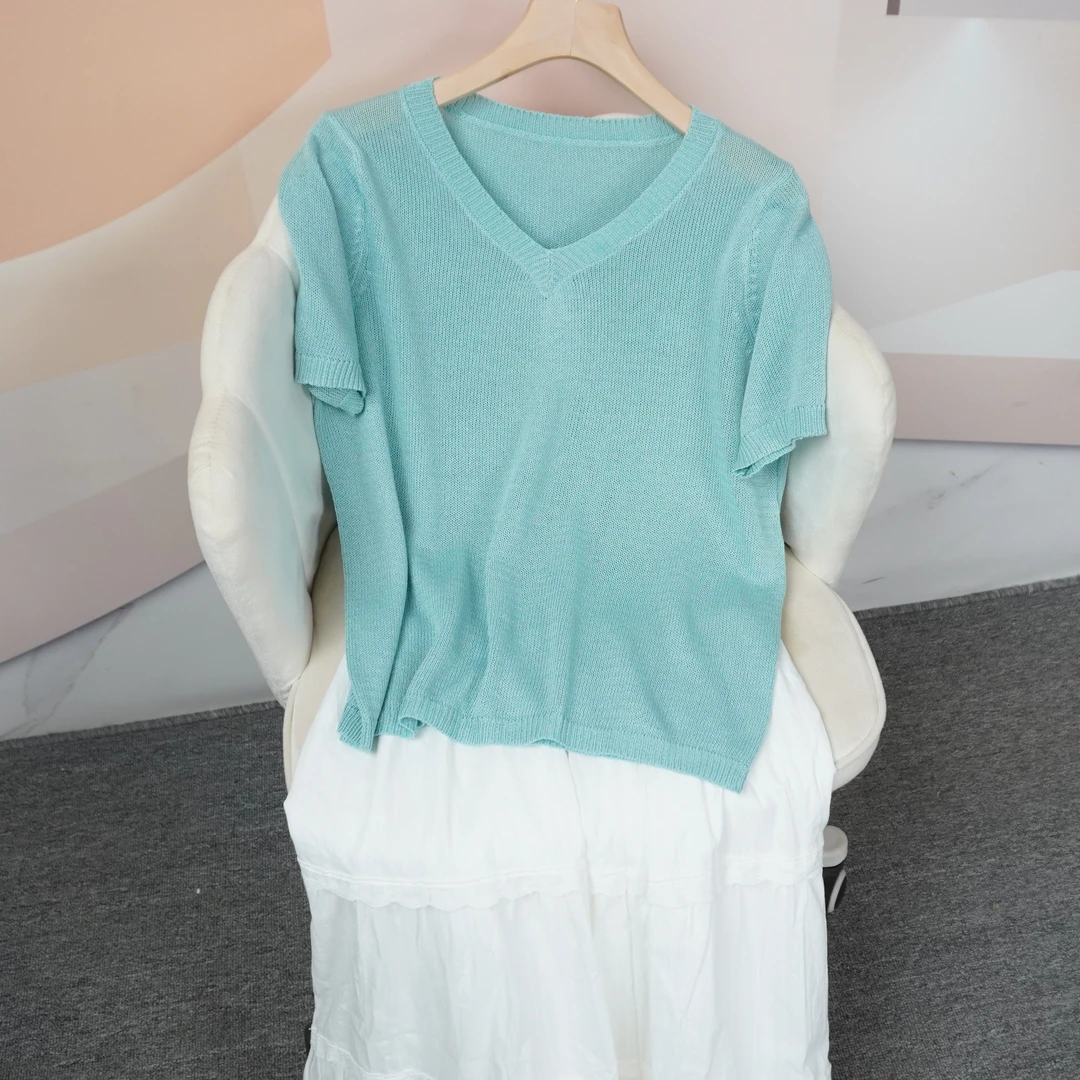 夏季薄款短袖V领百搭时尚气质休闲宽松针织衫