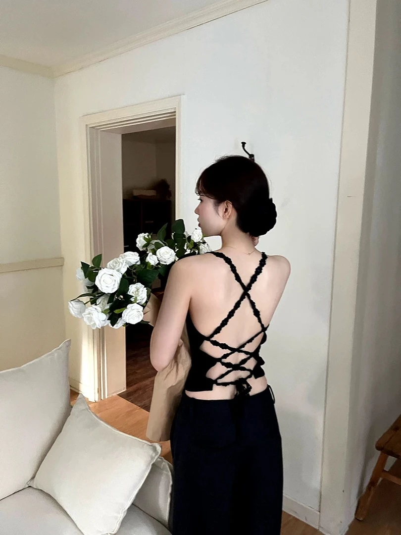 交叉蕾丝美背吊带背心女带胸垫免穿文胸辣妹外穿上衣2025新款