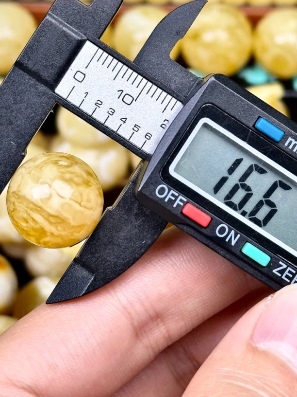 16.6mm俄料国矿一级料浓瓷白妖孽虎皮纹千层雪橘底金溶洞蜜蜡圆珠