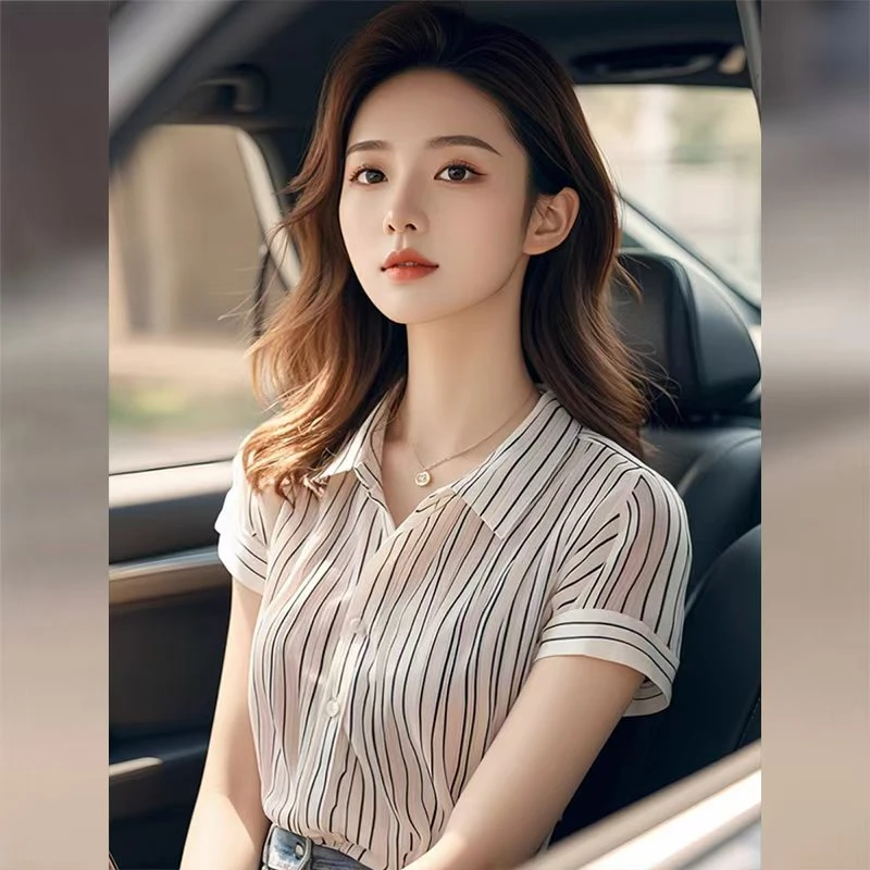 法式条纹雪纺衬衫女2025年新款夏季高级感小个子修身显瘦短袖上衣