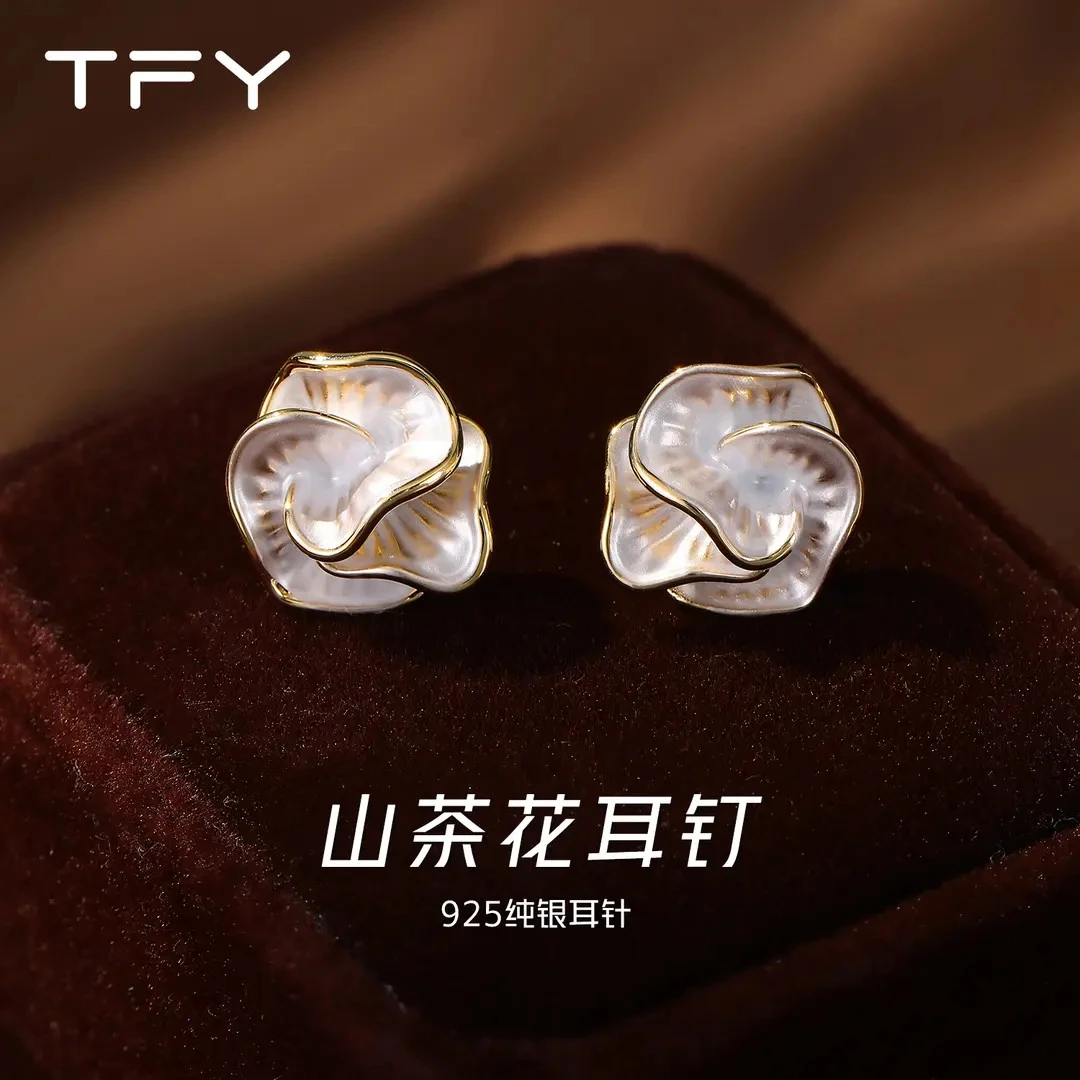 足银亚克力耳饰 铜合金耳饰 TFY气质山茶花耳钉925银针