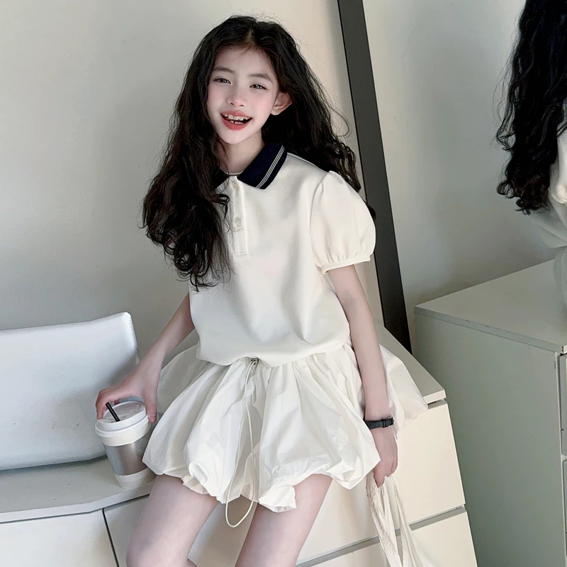 女童连衣裙夏装2025新款儿童POLO学院风洋气短袖大童休闲裤花苞裙