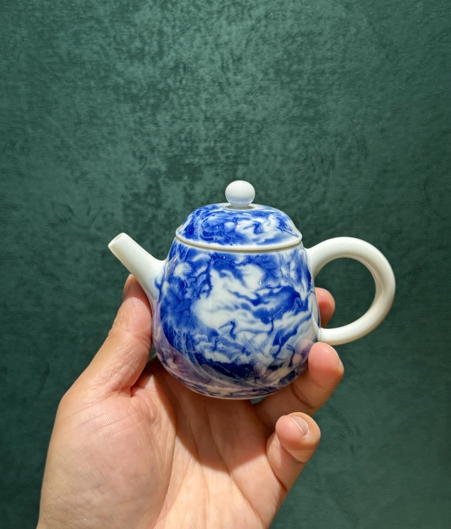 【阿闽】景德镇青花瓷 妙色柴窑松鹤茶壶 满水150cc