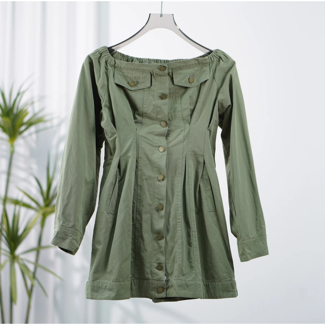 尚系列  Y145 女装秋一字肩显瘦连衣裙绿色SS01Y75