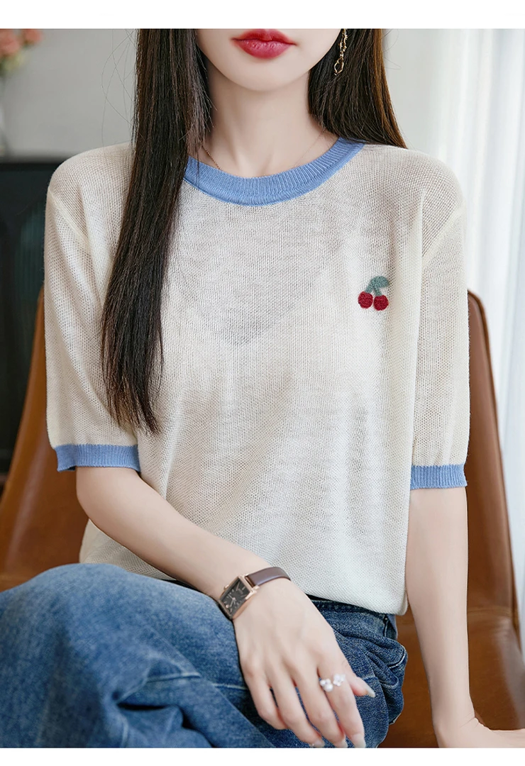 上身秒变韩系少女！夏季48支精纺羊毛小樱桃气质短袖圆领T恤