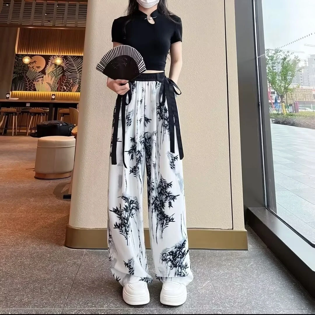严选水墨画冰丝雪纺阔腿裤女夏季垂感长裤大码宽松飘带休闲直筒裤