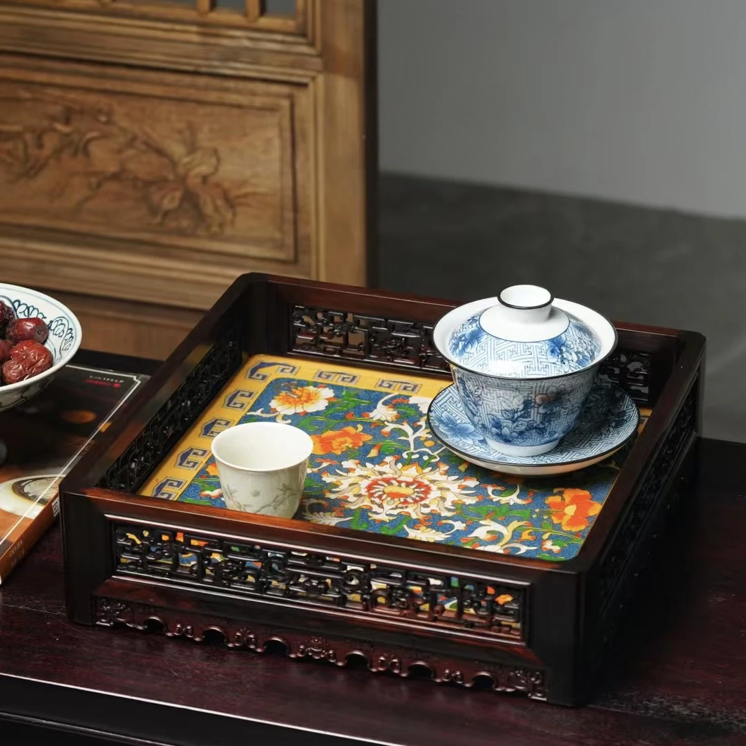 老挝大红酸枝镶嵌景泰蓝拐子龙盘收纳盘果盘