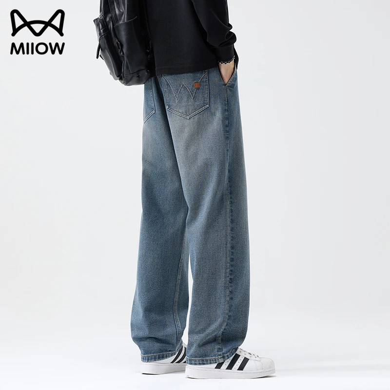 猫人高端美式复古柔软牛仔裤男士秋季新款宽松直筒裤痞帅阔腿长裤