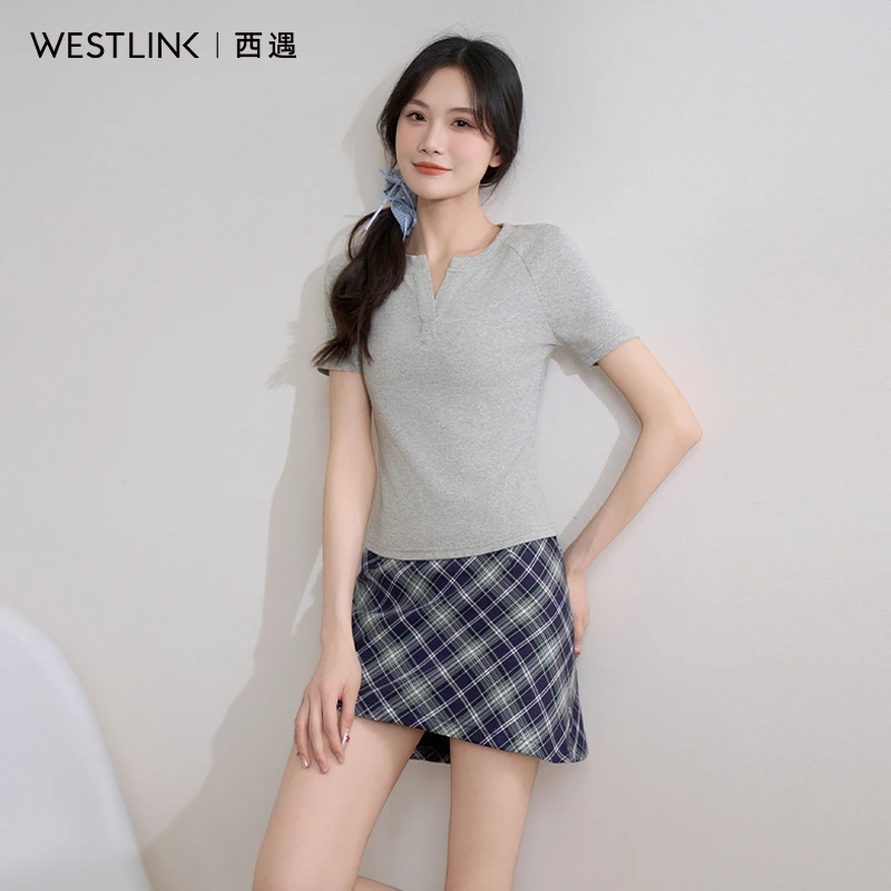 0182西遇灰色v领短款T恤女2025年春季新款小个子打底修身短袖上衣