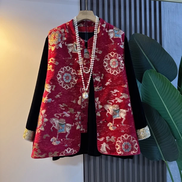 新年款新中式轻奢国风大码女装民族风红色喜庆本命年马甲坎肩上衣