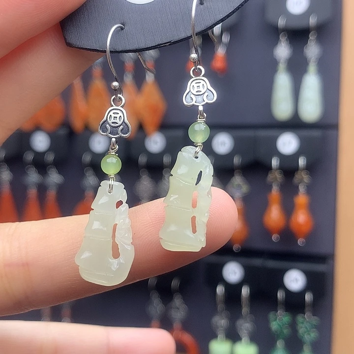 和田玉耳饰银S925镶嵌