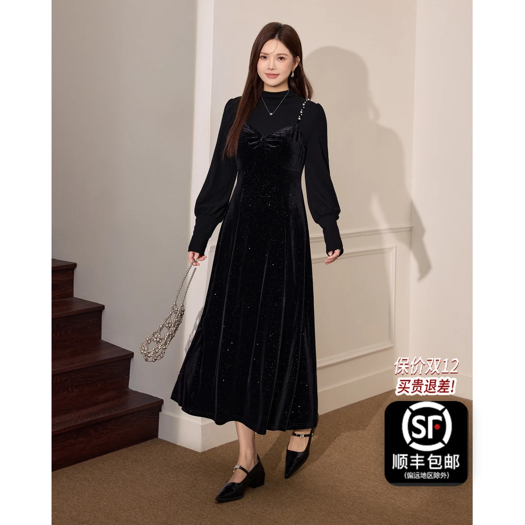 蓝语大码胖mm名媛宴会丝绒吊带裙2025冬季针织衫连衣裙套装31450