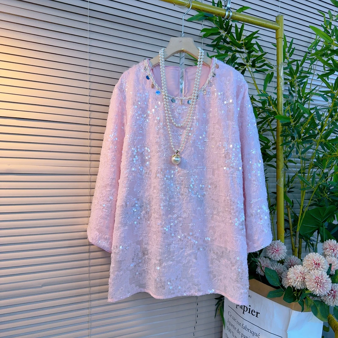 5513胖妹妹欧货时尚名媛风圆领装饰链流苏亮片设计感减龄百搭衫