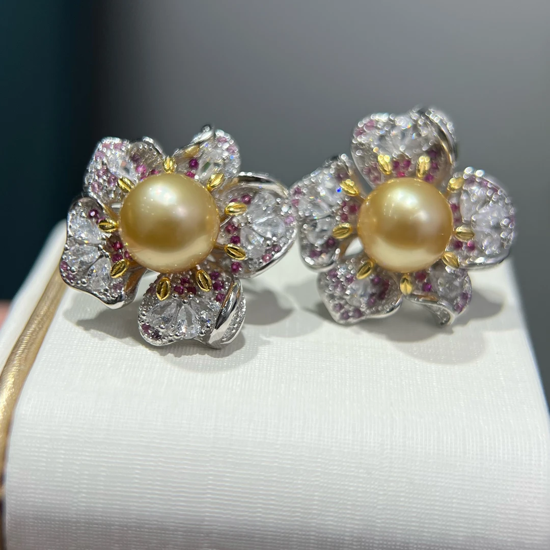 天然海水珍珠南洋金珠s925银豪华镶嵌耳环珠宝轻奢优雅耳坠高级感