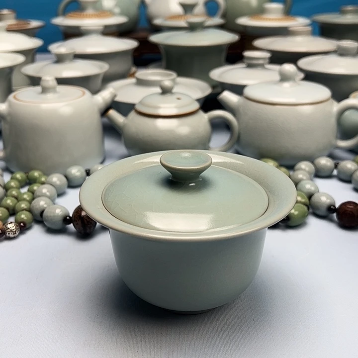 杯仿古微蓝釉元宝盖碗原矿原釉原产地