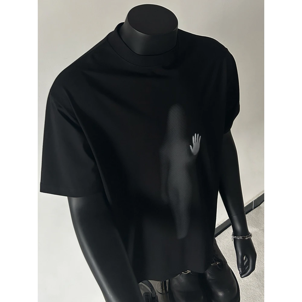 100%纯棉320克重磅男士时尚百搭夏季黑色半袖印花圆领休闲宽松ins