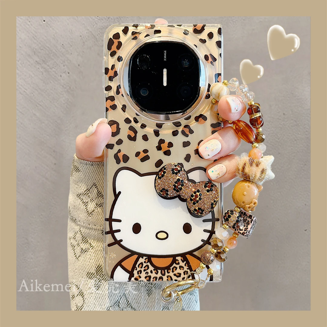 适用华为mateX6折叠屏手机壳金色豹纹kt猫MateX5典藏版立体蝴蝶结