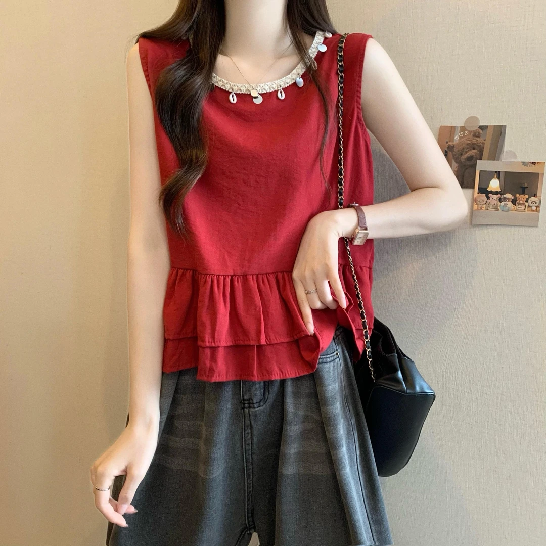波西米亚红色背心小衫女夏季外穿无袖裙摆拼接衬衫小众不撞款上衣