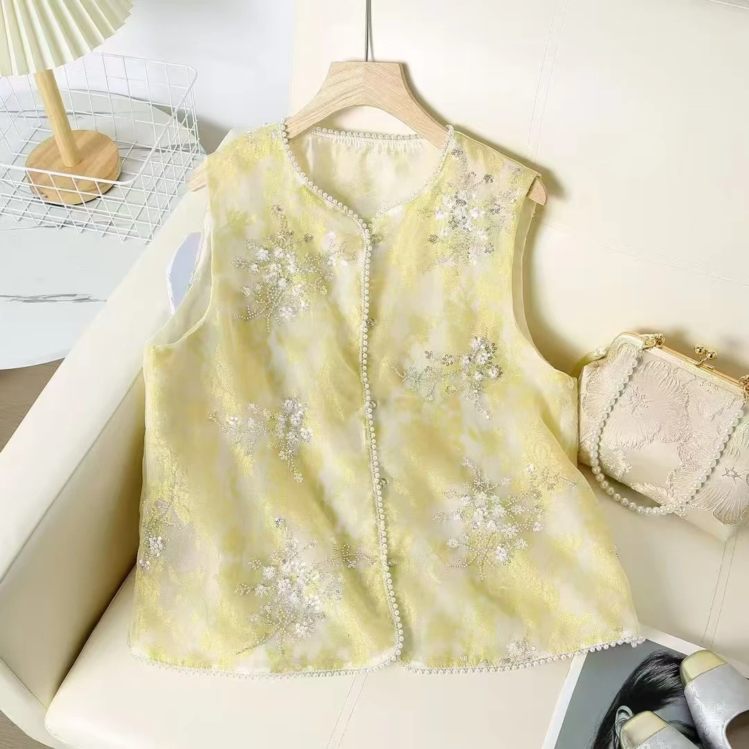 新中式重工刺绣马夹夏季欧根纱无袖坎肩复古女亮片中国风女士马甲