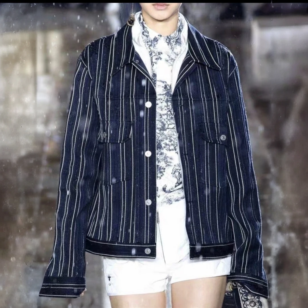 99新 DIOR/迪奥 CM0002 深蓝色条纹单排扣长袖牛仔外套 40 M码