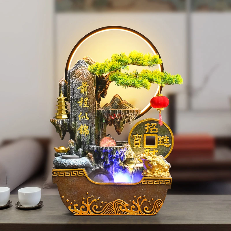 假山流水喷泉循环水鱼缸造景加湿器装饰品客厅乔迁开业桌面小摆件